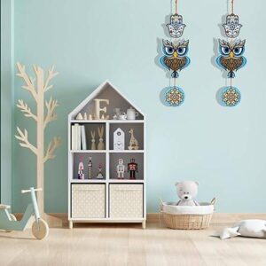 a shelf with toys and a toy bear