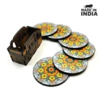 Multicolor Mandala Tea Coasters with Wooden Holder – Made in India