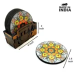 Multicolor Mandala Tea Coasters with Wooden Holder – Made in India