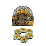 Woodkey Floral Mandala Wooden Coaster Set – Front View with Stand