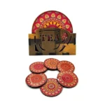 Woodkey Red Mandala Coaster Set with Tea Stand – Top View