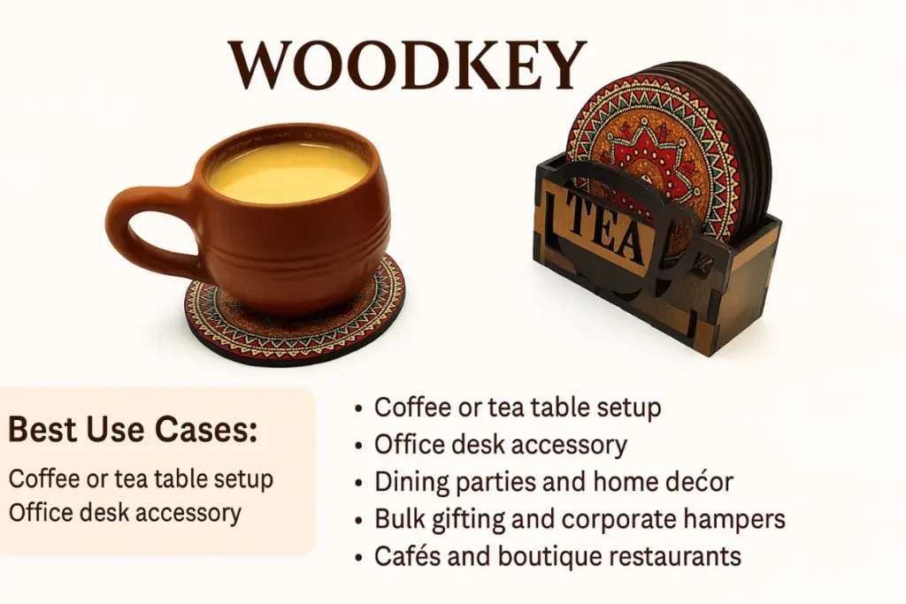 Woodkey Mandala Wooden Coaster Set with Stand – Best Use Cases Display | Coffee Table, Office, Gifting