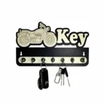 wooden key holder for wall featuring a detailed bike engraving